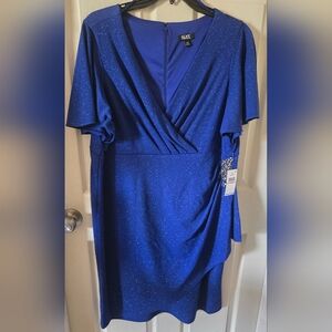 SLNY Cobalt Blue Glitter Faux-Wrap Midi Dress